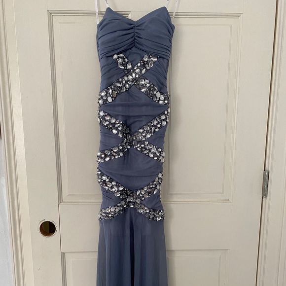 B. Darlin Strapless Gray Rhinestone Long Dress - Picture 1 of 8